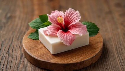 Serene Still Life with Floral Accent on Wood, Featuring Geometric and Organic Forms.