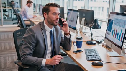 Businessman Engaged in Phone Conversation While Working at Desk with Computer and Charts in Modern Office Environment - Powered by Adobe