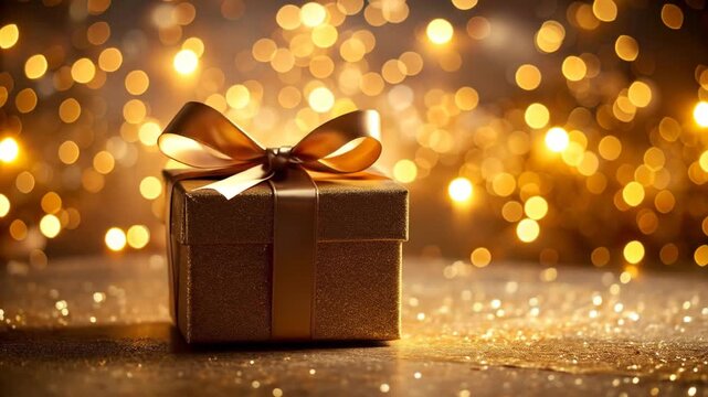 A beautifully wrapped golden gift box with a bow on a shimmering background.