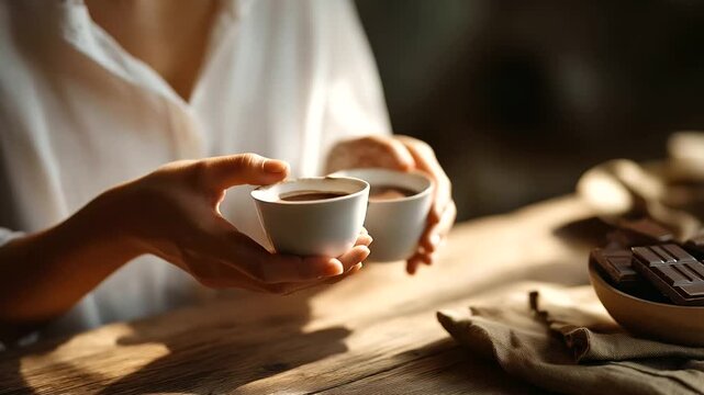 Hot handmade ceremonial cacao in white cups faceless woman hands giving defocused wooden table background craft cocoa top view organic chocolate ceremonial drink cozy