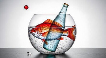 A surreal artistic image depicts a goldfish swimming inside a fishbowl that also contains a glass bottle, symbolizing the disruption of natural habitats