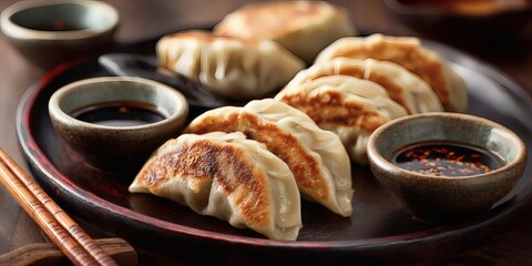 Pan fried dumpling platter with dipping sauce for Asian cuisine