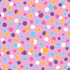 Playful Seamless Polka Dot Confetti on Pink Background. featuring scattered round dots in soft pink, purple, yellow, blue, and white tones. perfect for kids products, baby clothing, gift wrap, station