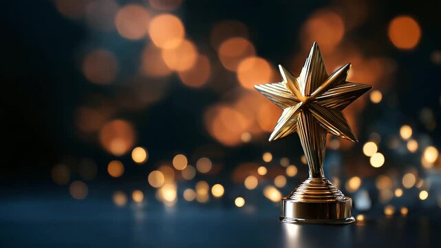 Shiny golden star trophy standing prominently faceless achievement symbol defocused dark blue surface with glittering bokeh lights background corporate recognition employee app