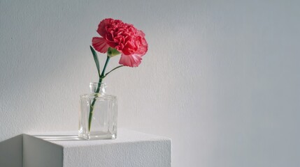 Red carnation in glass vase on pedestal for minimal floral decor