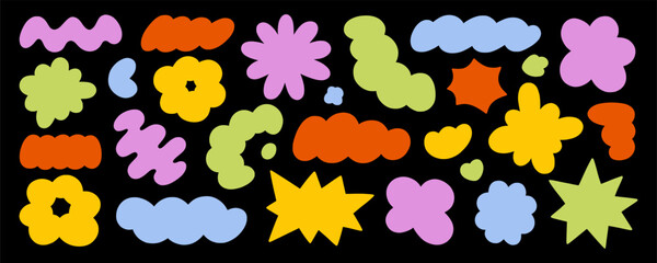 Abstract blob shapes doodle set. Comic cloud forms and organic groovy figures in sketch style. Hand drawn vector illustration isolated on black background