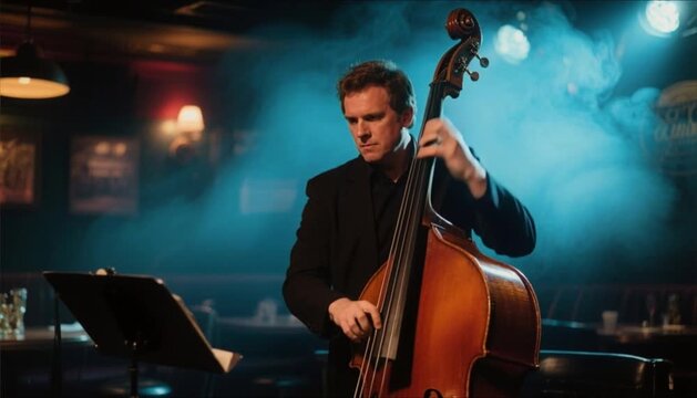 Male musician playing double bass on stage in smoky jazz club  