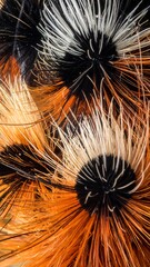 Obraz premium Close-up of several fuzzy, spiky caterpillars with black bodies and radiating orange and white hairs.