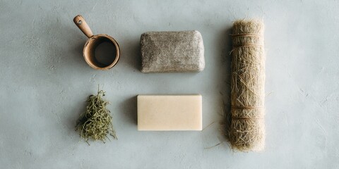 Natural soap and bath accessory flat lay for eco hygiene and wellness
