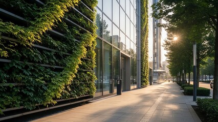 Modern building facade with green wall and walkway