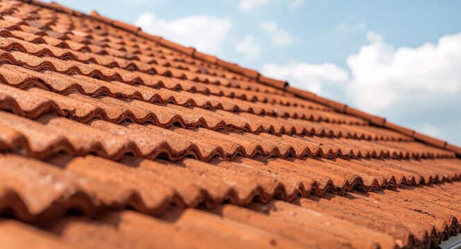 Terracotta Waves Under Sky, Patterned Texture, Sunlight and Shadow, Architectural Forms.