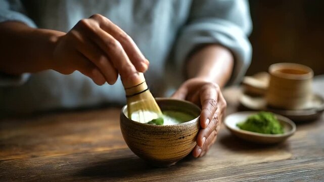 Traditional Japanese tea ceremony with matcha faceless preparation scene slightly defocused high quality background ceremonial tea making cultural ritual authentic Japanese