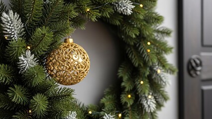 Christmas wreath with golden ornament and lights
