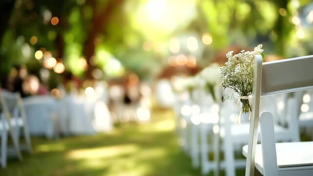 Venue of outdoor wedding ceremony setting faceless romantic space defocused garden background celebration preparation marriage setup outdoor event arrangement ceremonial loca