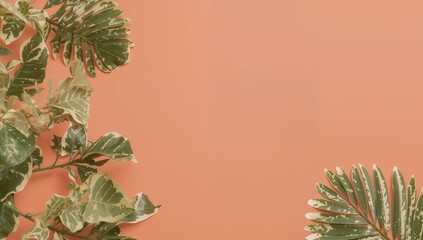 Verdant Foliage Arrangement on a Soft Peach Backdrop, Minimalist Floral Composition.