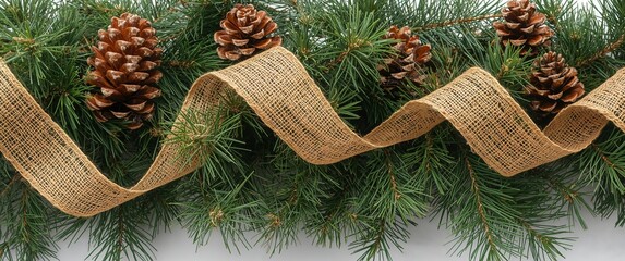 Verdant Frame with Burlap. Pine Needles and Cones in an Abstract Still Life.