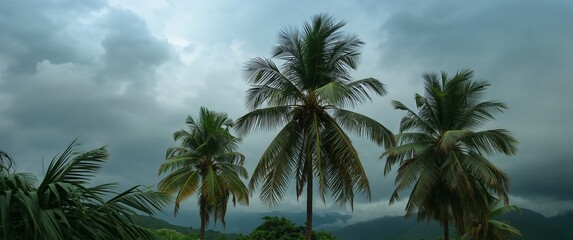 Verdant Fronds Against an Overcast Sky Palms and Clouds Creating Abstract Patterns.