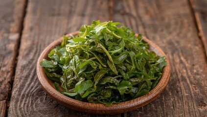 Verdant Greens in a Wooden Bowl, Natural Light, Rustic Charm Still Life Composition.