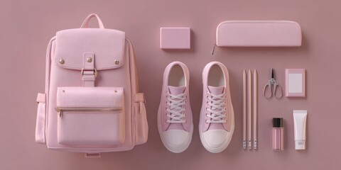 Pink backpack and sneaker flat lay with stationery for school essential