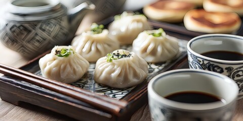 Steamed bun and tea set closeup for Asian cuisine dim sum meal