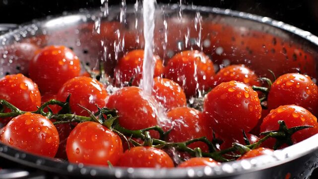Luscious cherry tomatoes rinsed under cool water in a colander close-up vibrant reds glistening