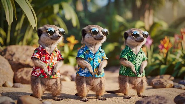 Three animals wearing sunglasses and shirts outdoors