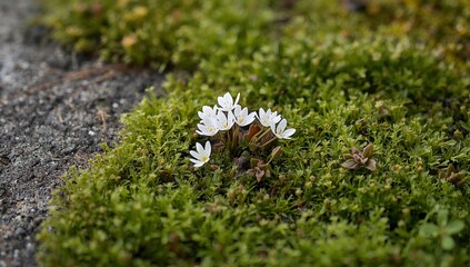 White Blossoms Among the Verdant Moss, a Springtime Microcosm of Texture and Color.