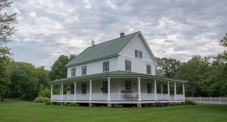 White House with Green Roof and Wraparound Porch. Serene Architectural Composition.