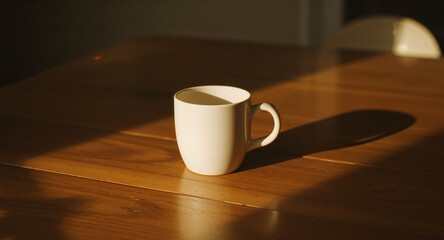 White Mug Still Life, Wood Grain Texture, Golden Hour Sunlight, Abstract Shadow Play.