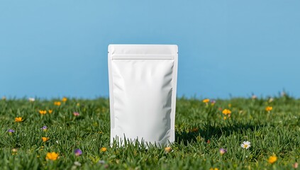 White Package on Flowery Field. A Study in Contrast and Natural Textures, Sky Blue Backdrop.