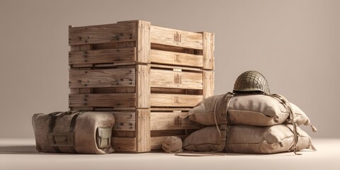 Relief supply stack with crate and sandbag for humanitarian aid