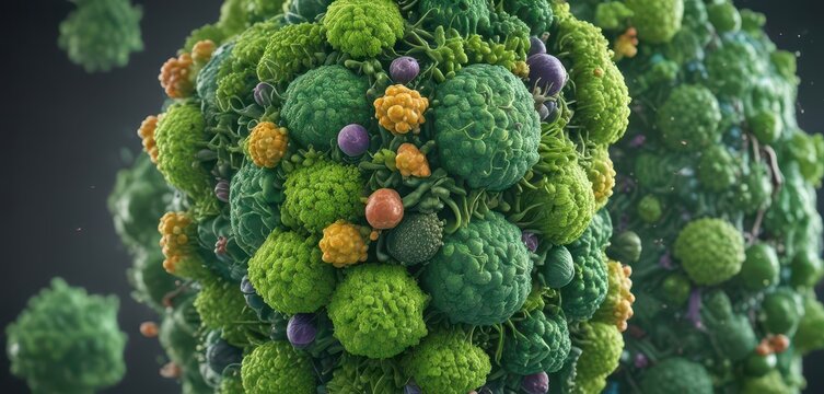 A vibrant, healthy cell structure with vibrant green proteins and nutrients fighting cancer cells ,  nutrient dense, antioxidants,  superfoods