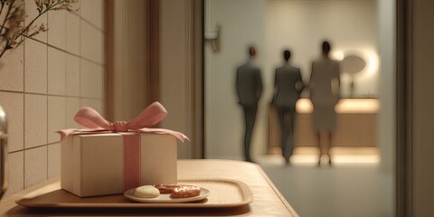 Gift box on tray in hallway with blurred people for surprise delivery