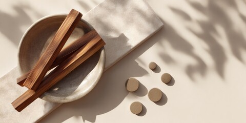 Minimal flat lay with cinnamon stick and round token for calm design