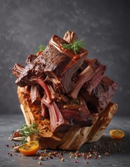 Beef ribs sitting in mid-air against a subtle gray background sprinkled with an assortment of spices and herbs nearby ,  beef ribs,  sitting , meat
