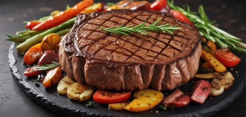 Beef steak grilled over charcoal with rosemary and vegetables,  food ,  steak,  dinner
