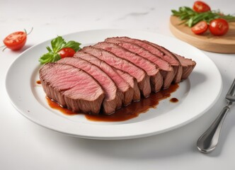 Beef steak slices on fork isolated on white plate,  food,  vintage fork,  kitchen