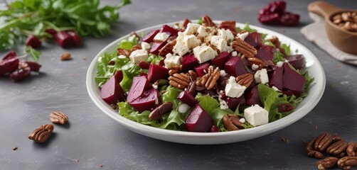 Beetroot salad with feta cheese and pecans on a grey background, grey background, beetroot, detox