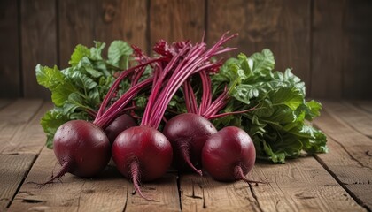 beetroot with green leafy tops sitting on a rustic wooden background, beetroot,  food,  garden