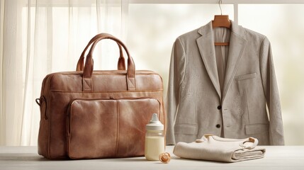 Travel bag and baby essentials with suit jacket for family preparation