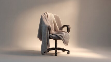 Office chair with blanket in empty room for cozy remote work concept