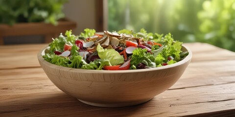 Biodegradable bowl filled with fresh salad mix on a wooden table in a natural setting,  wooden table,  natural lighting,  salads