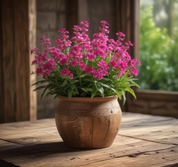 Blooming verbena flower arrangement in a distressed wood vase on a garden table,  flowers,  floral,  natural