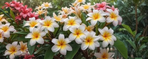 Blossoming plumeria flowers in tropical garden,  blooming flowers,  outdoor,  blossom