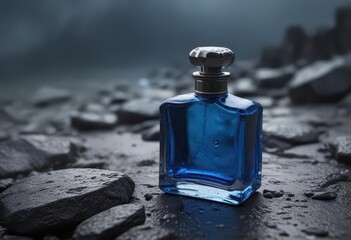 * Blue glass perfume bottle on rocky surface amidst dark stormy weather,  darkness,  glass, storm