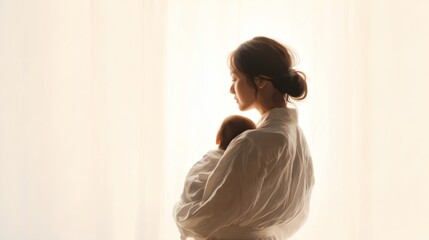 Mother hold baby by curtain in soft backlight for family bonding