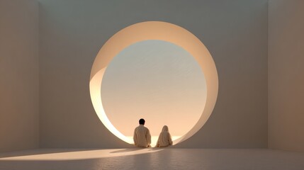 Couple sit before giant glowing circle in minimal room at sunset