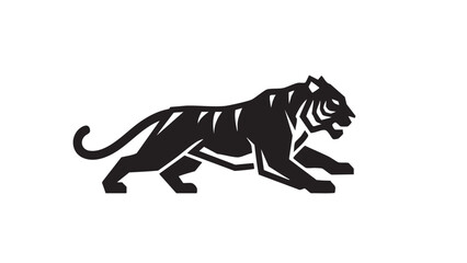 Obraz premium A majestic tiger crouches in a hunting stance, ready to pounce in a serene forest landscape.