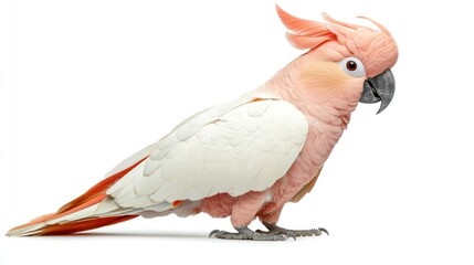 A pink cockatoo standing on a white background with its head turned to the right