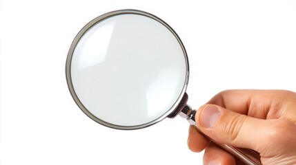 A hand holding a magnifying glass close-up on a white background